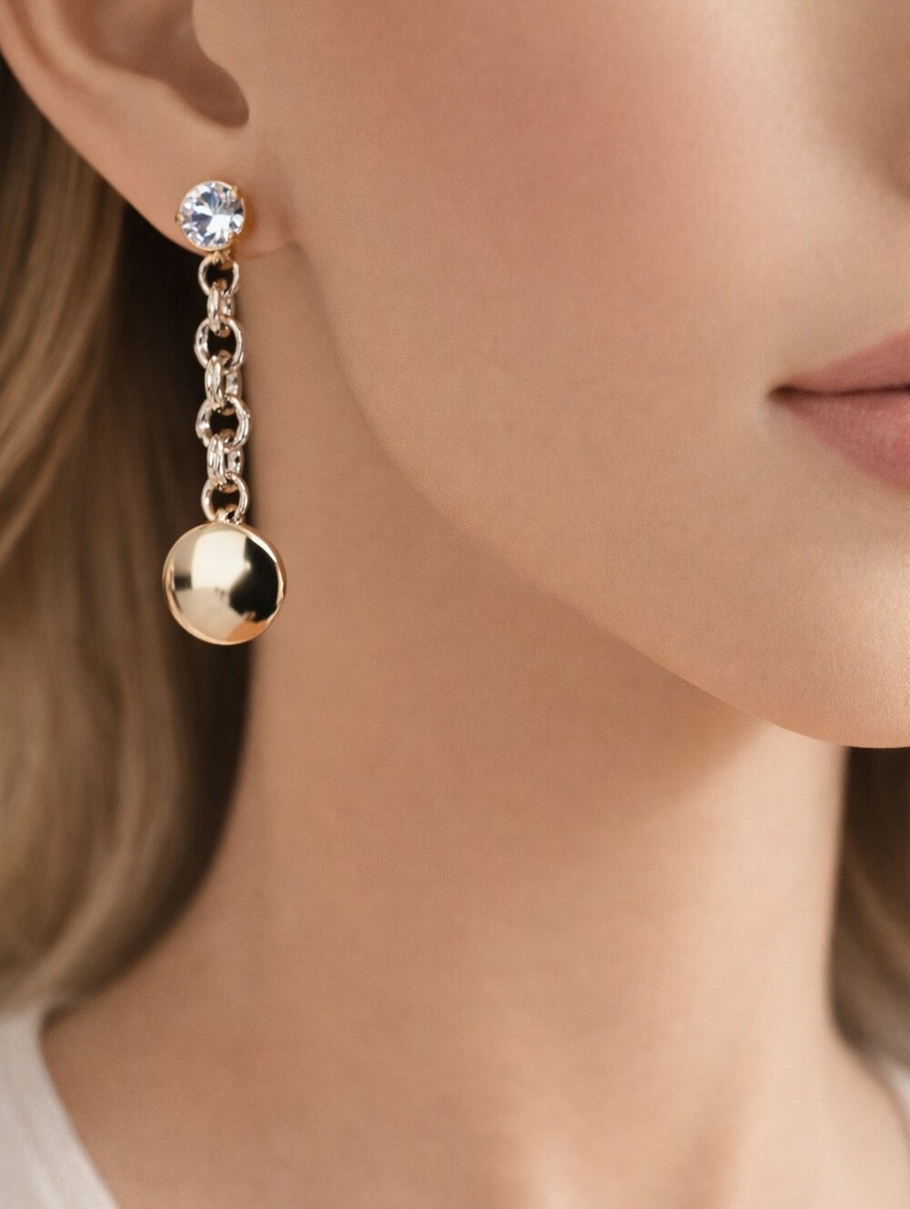 Gold & Silver Chain Drop Earrings with Crystal Stud Women’s Statement Jewelry